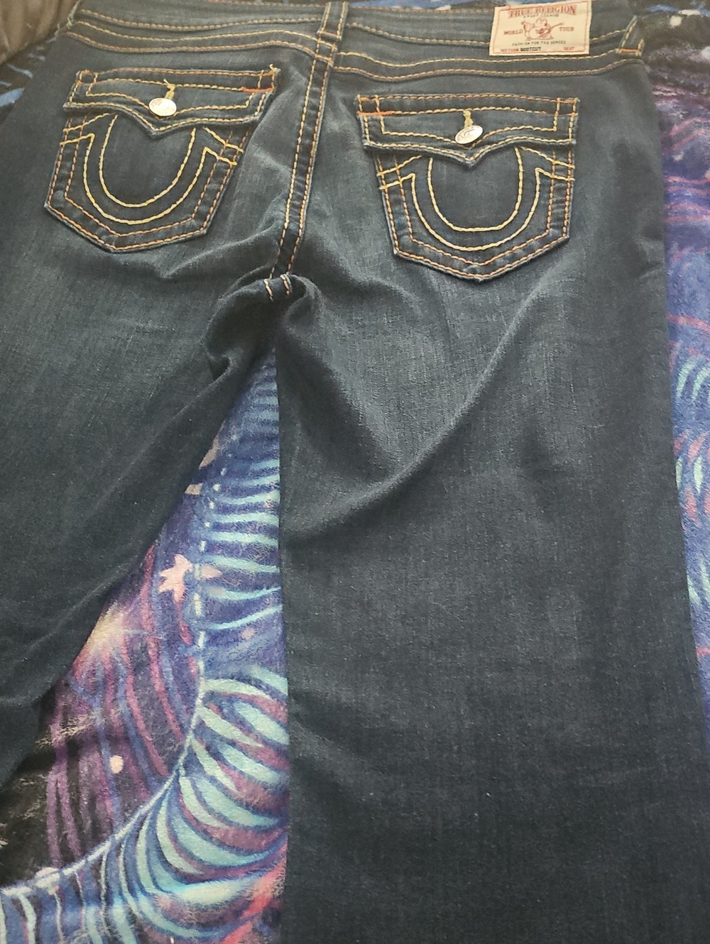 True Religion Women's Dark Blue Bootcut Jeans with Contrast Stitching